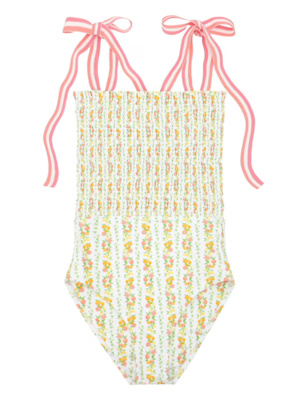 Minnow Tuckernuck Smocked One Piece Swimsuit Linear Citrus Print Bow Shoulder L